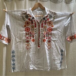 Johnny Was White Striped Shirt with Multicolor Embroidery